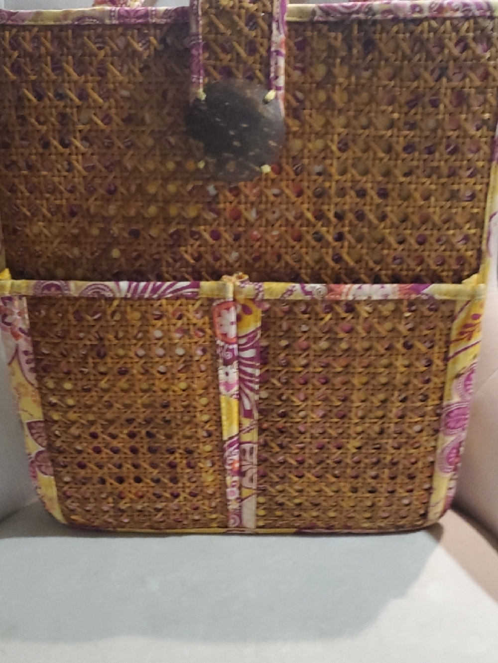 Vera Bradley Woven Rattan Tote with Pink & Yellow Paisley Trim - Picture 5 of 16